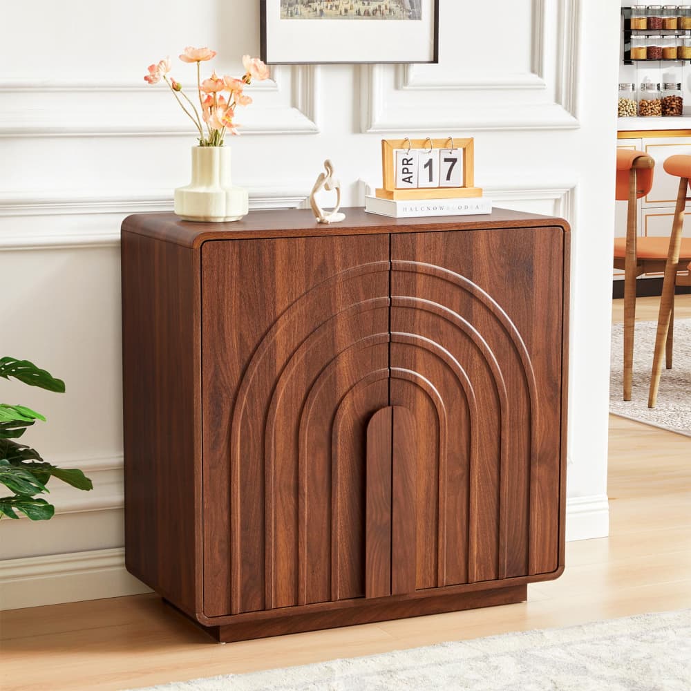 Walnut Modern 2 Door Storage Cabinet Sideboard with Arched Fluted Door Design