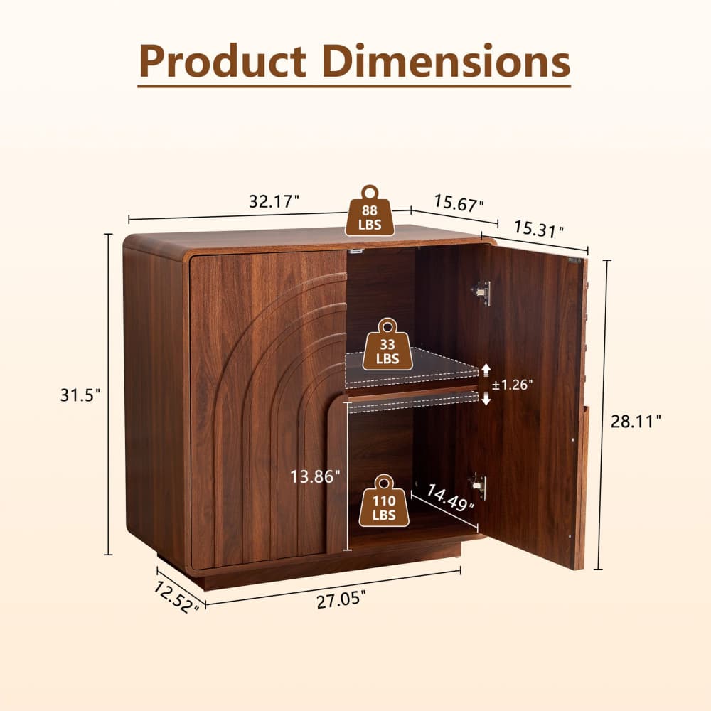 Walnut Modern 2 Door Storage Cabinet Sideboard with Arched Fluted Door Design