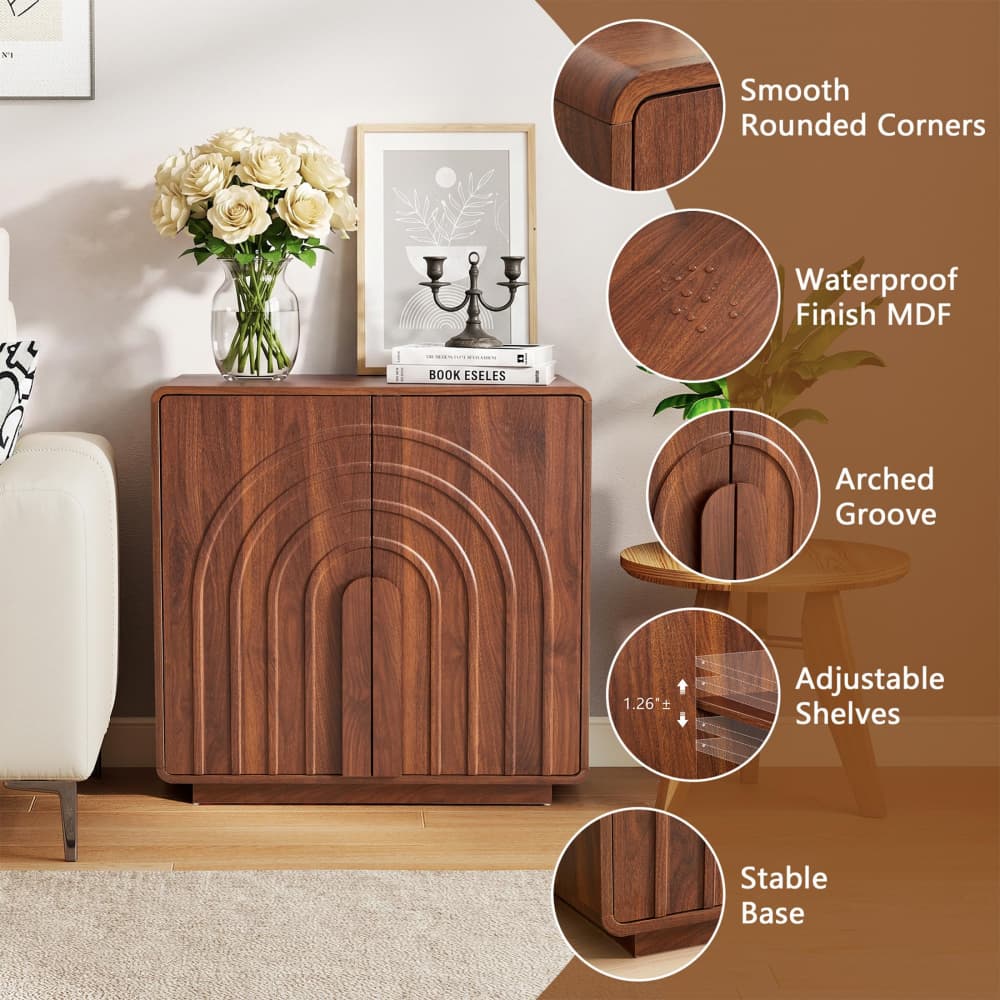 Walnut Modern 2 Door Storage Cabinet Sideboard with Arched Fluted Door Design