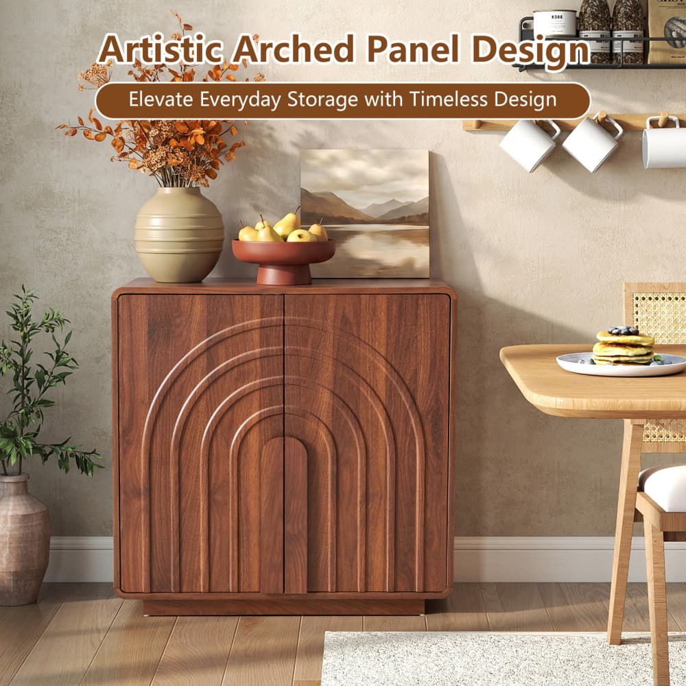 Walnut Modern 2 Door Storage Cabinet Sideboard with Arched Fluted Door Design