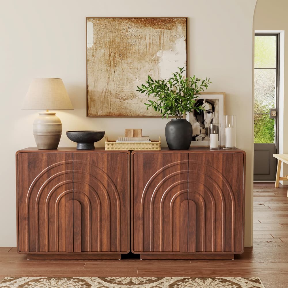 Walnut Modern 2 Door Storage Cabinet Sideboard with Arched Fluted Door Design