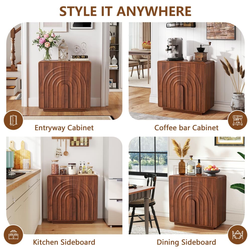 Walnut Modern 2 Door Storage Cabinet Sideboard with Arched Fluted Door Design