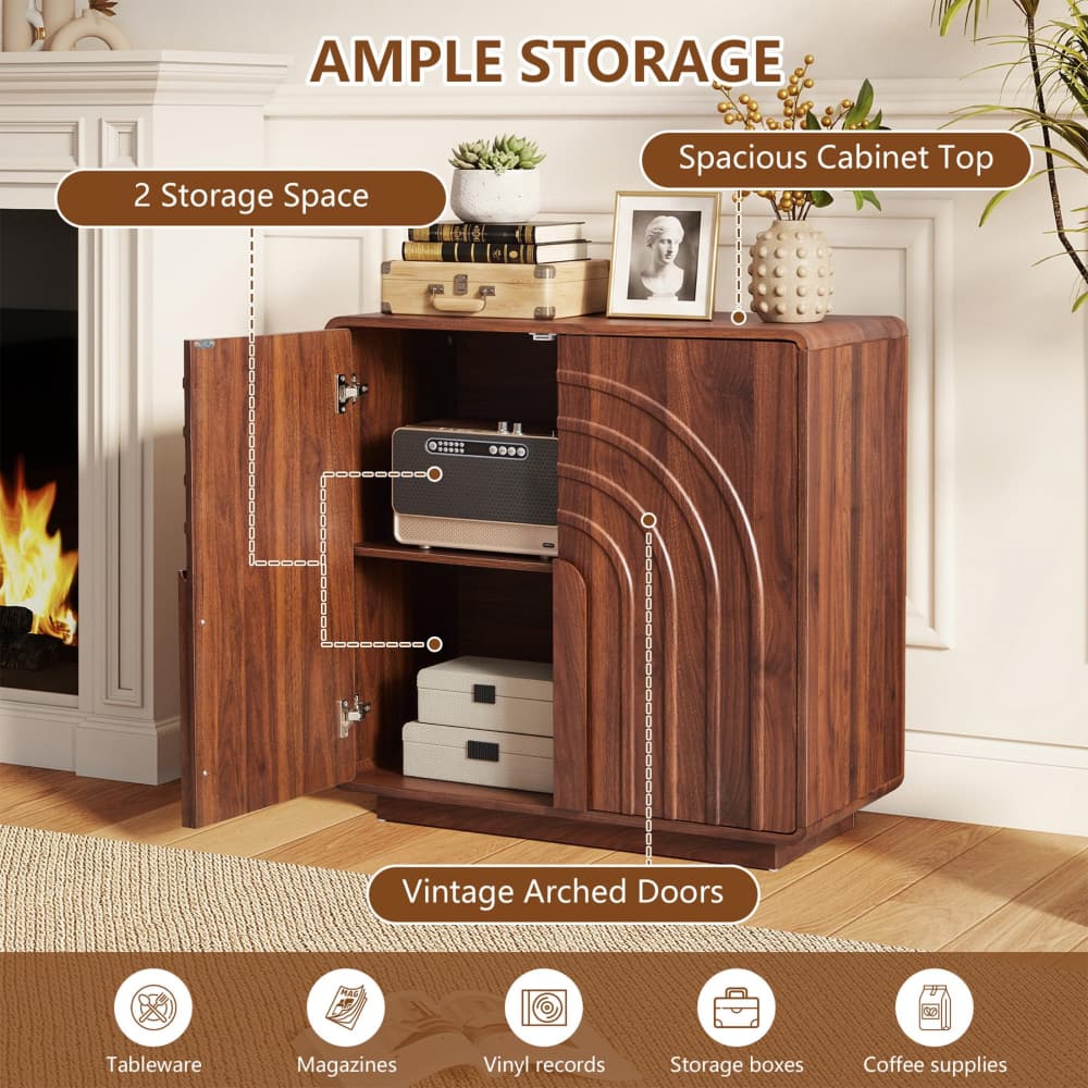 Walnut Modern 2 Door Storage Cabinet Sideboard with Arched Fluted Door Design