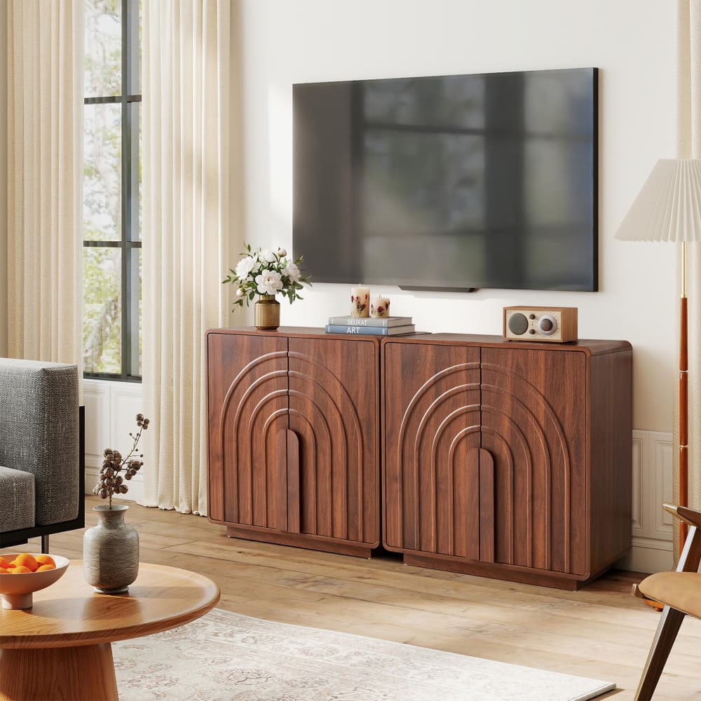 Walnut Modern 2 Door Storage Cabinet Sideboard with Arched Fluted Door Design