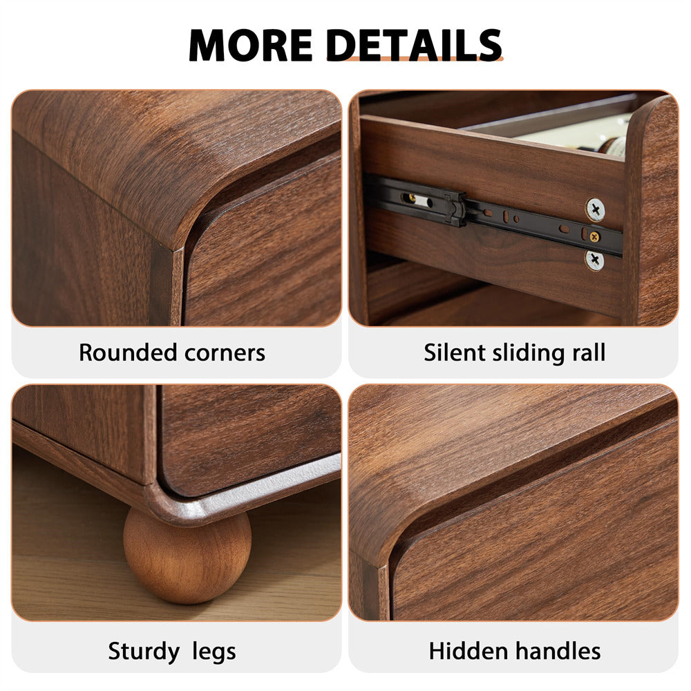 Wooden drawer with features highlighted: rounded corners, silent sliding rail, sturdy legs, and hidden handles.