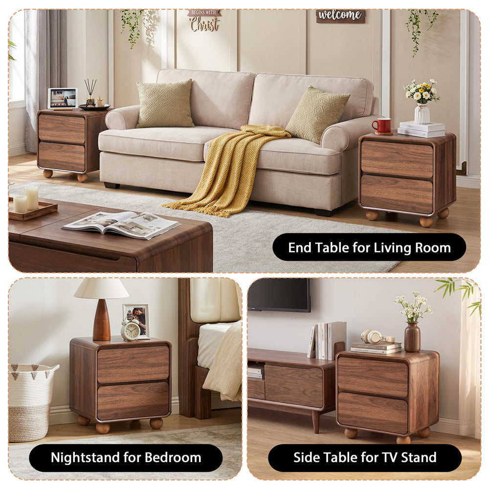 Collage of wooden end tables in living room, bedroom, and TV stand settings.
