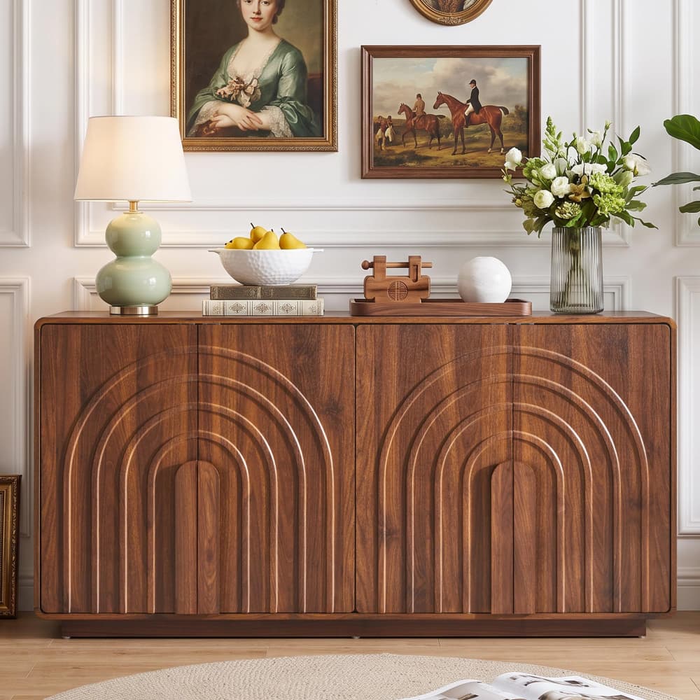 Walnut Modern 4 Door Storage Cabinet Sideboard with Arched Fluted Door Design