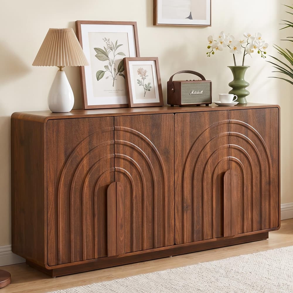 Walnut Modern 4 Door Storage Cabinet Sideboard with Arched Fluted Door Design