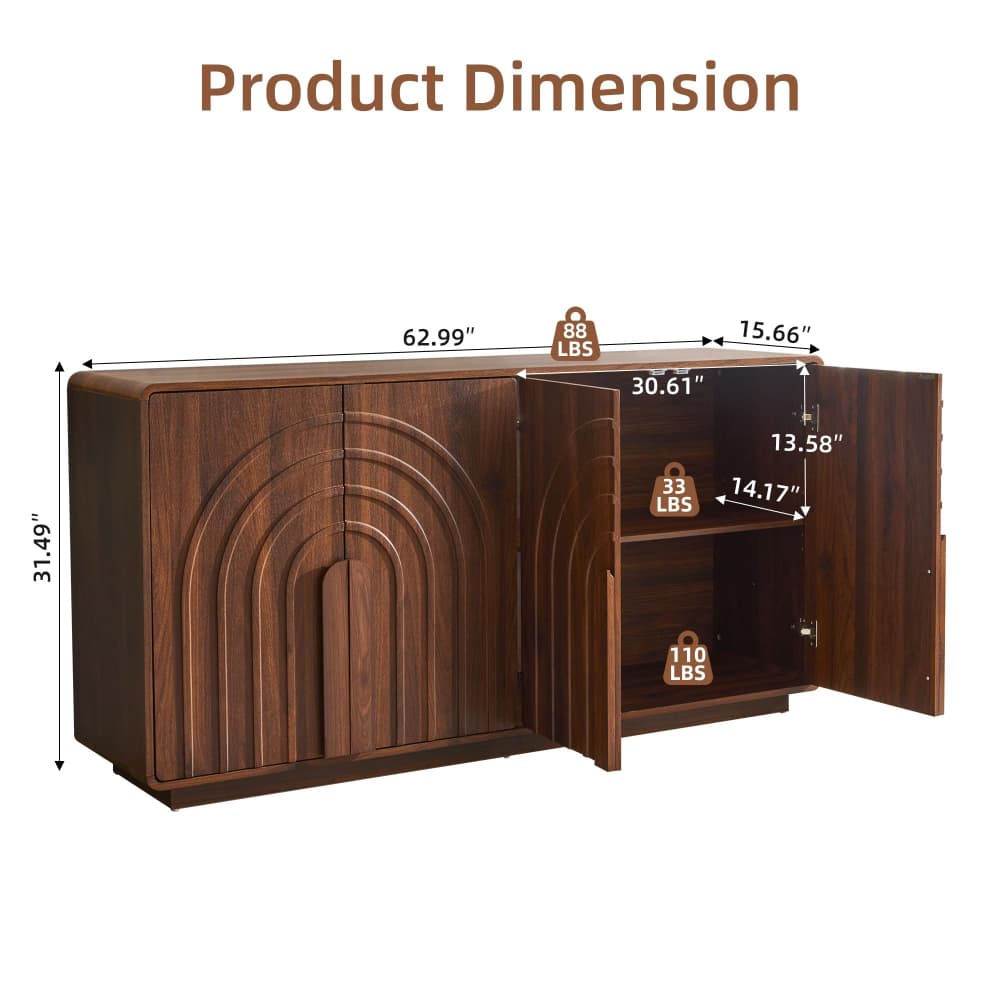 Product dimension diagram of a dark brown wooden cabinet with one door open, showing measurements in inches and weight capacities on a white background.
