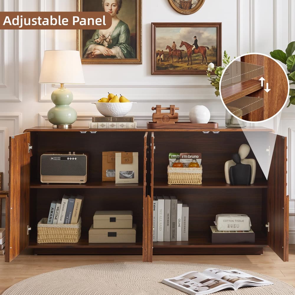 A dark brown wooden sideboard cabinet with open doors, styled with books, baskets, a lamp, and decorative objects in a living room. The image includes an inset callout showing adjustable panel details and the text 'Adjustable Panel' at the top left.