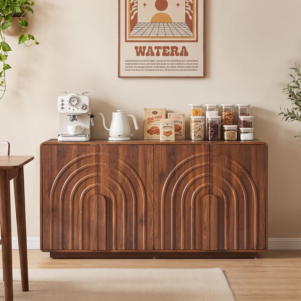 Walnut Modern 4 Door Storage Cabinet Sideboard with Arched Fluted Door Design