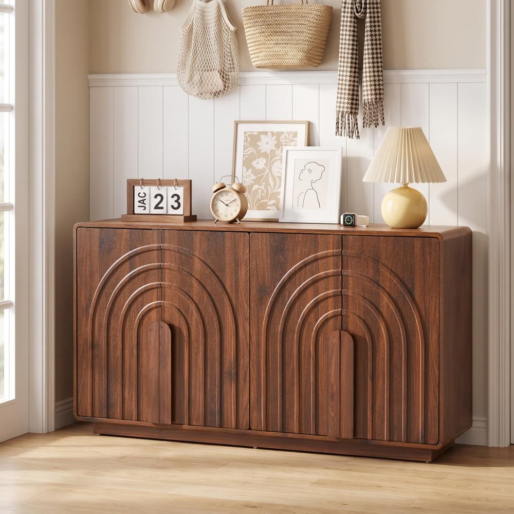 Walnut Modern 4 Door Storage Cabinet Sideboard with Arched Fluted Door Design
