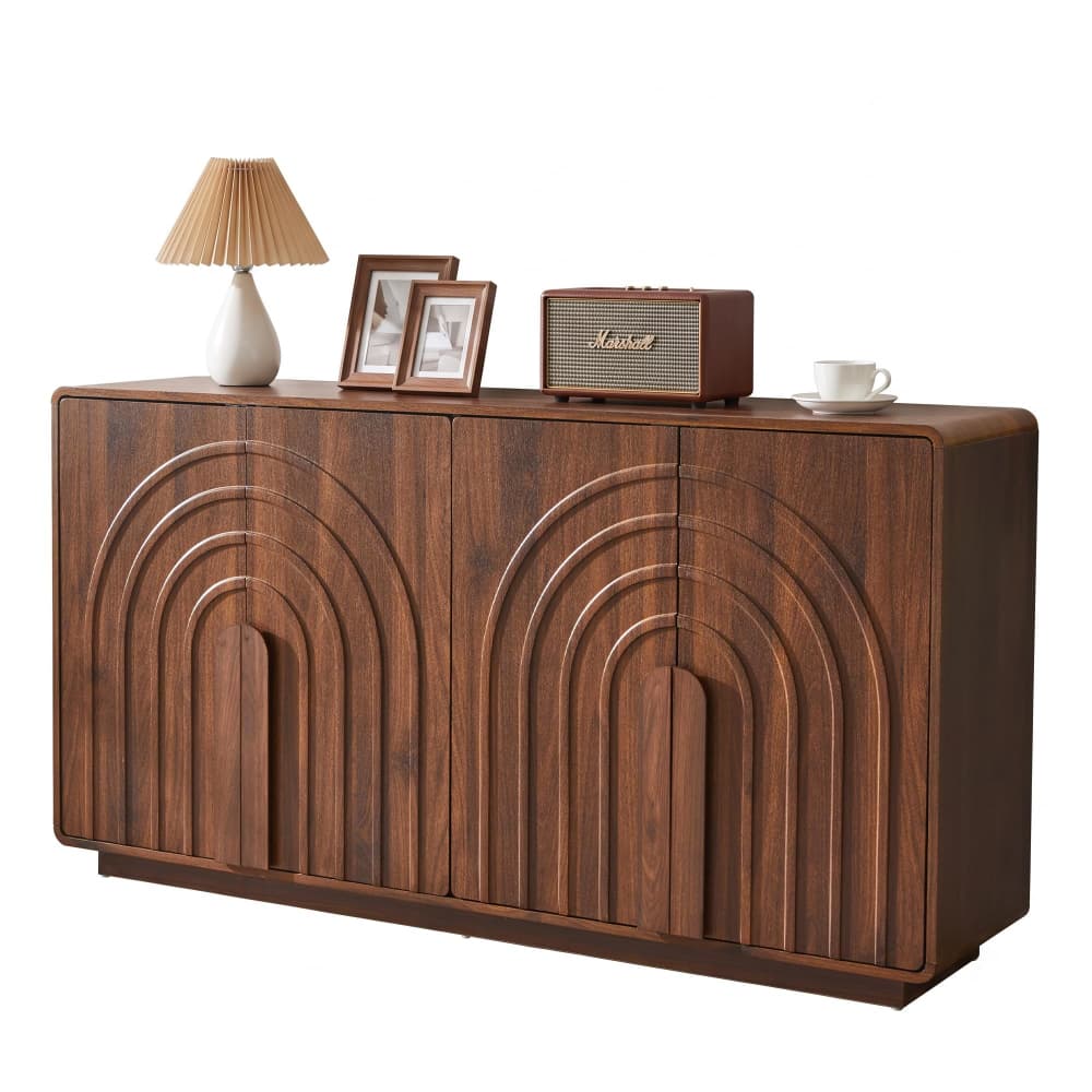 Walnut Modern 4 Door Storage Cabinet Sideboard with Arched Fluted Door Design