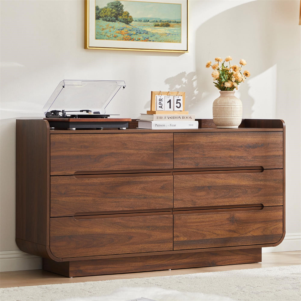 Walnut Modern 53-Inch Curved 6 Drawer Dresser Wood Storage Cabinet with Hidden Handles
