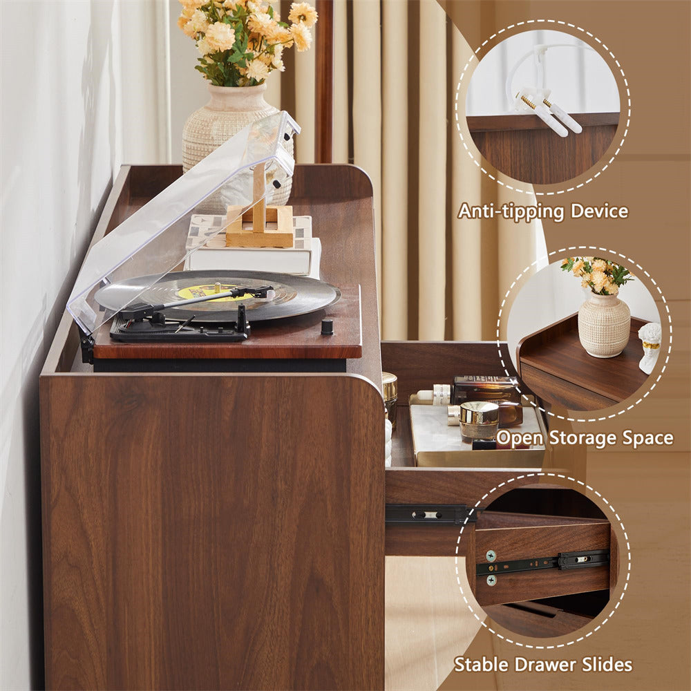 Wooden side table with record player and open storage space, featuring anti-tipping device and stable drawer slides.