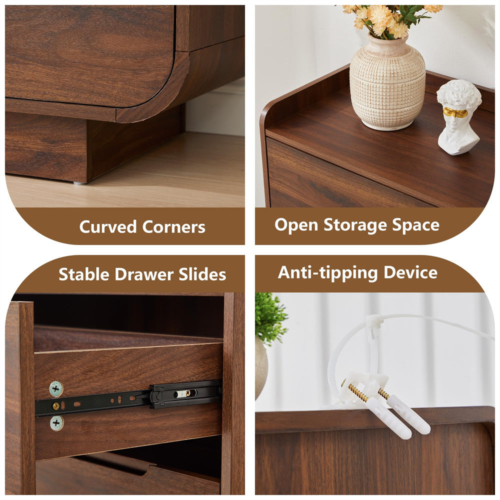 Wooden furniture with features highlighted: curved corners, open storage space, stable drawer slides, and anti-tipping device.