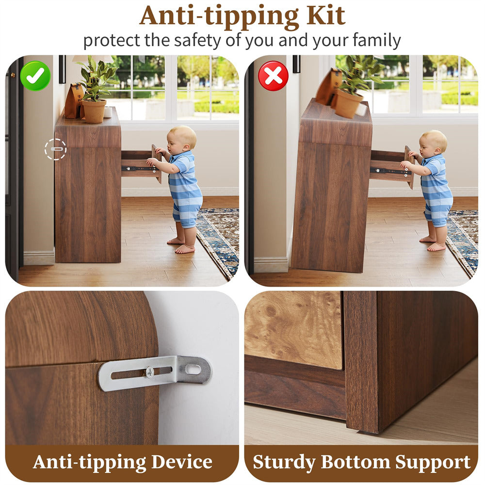 Walnut Modern 9 Drawer Dresser Burl Wood Long Storage with Open Shelf