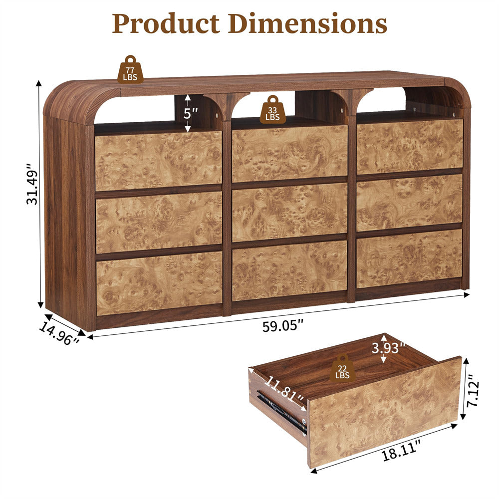 Walnut Modern 9 Drawer Dresser Burl Wood Long Storage with Open Shelf