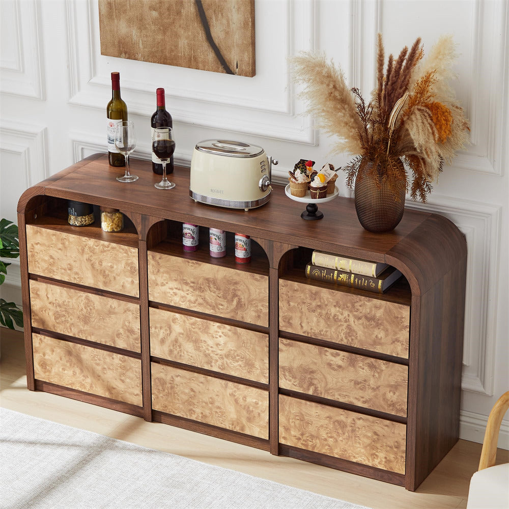 Walnut Modern 9 Drawer Dresser Burl Wood Long Storage with Open Shelf