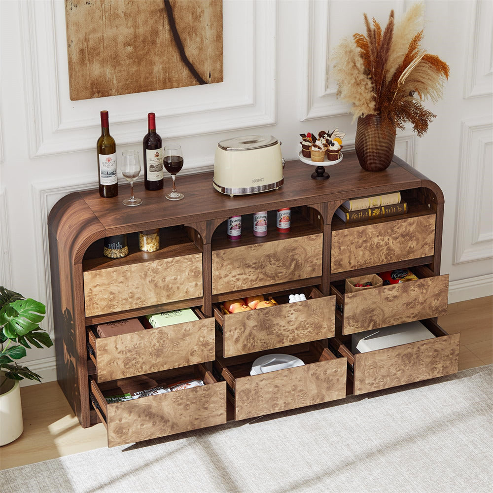 Walnut Modern 9 Drawer Dresser Burl Wood Long Storage with Open Shelf