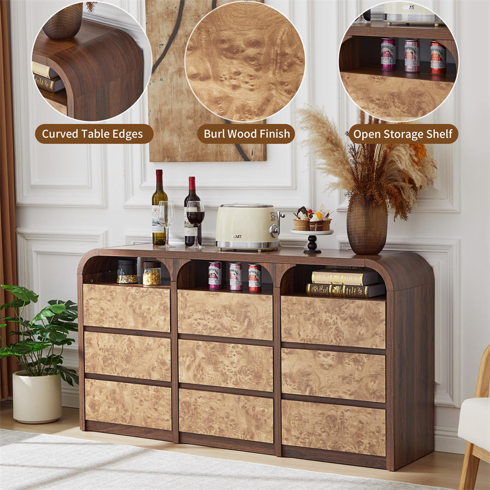 Walnut Modern 9 Drawer Dresser Burl Wood Long Storage with Open Shelf