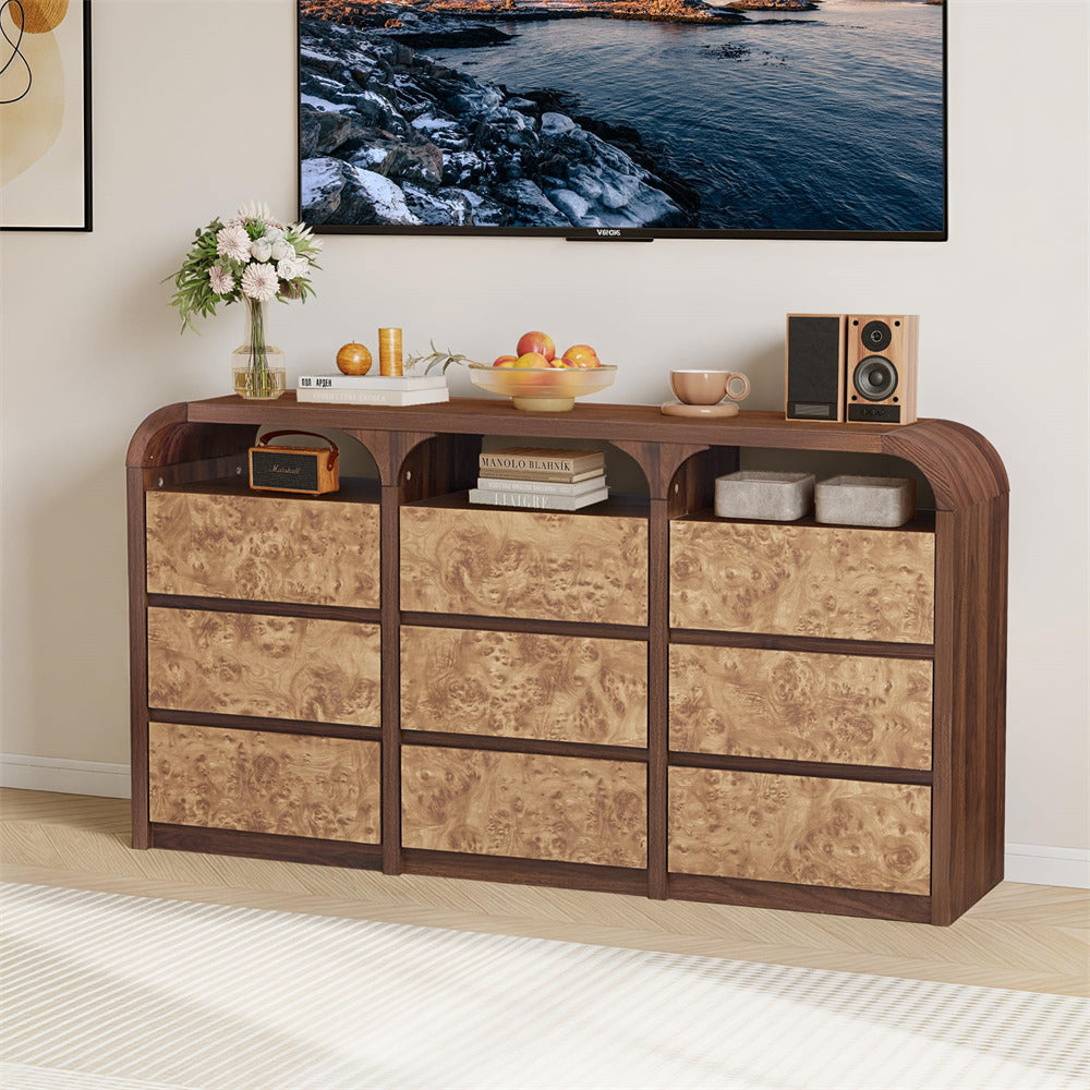 Walnut Modern 9 Drawer Dresser Burl Wood Long Storage with Open Shelf