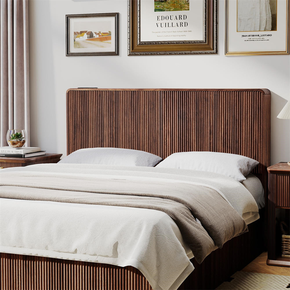 Walnut Modern Boho Wood Fluted Wall Mounted Headboard Queen Size Only with 2 Outlets and USB & Type C Port
