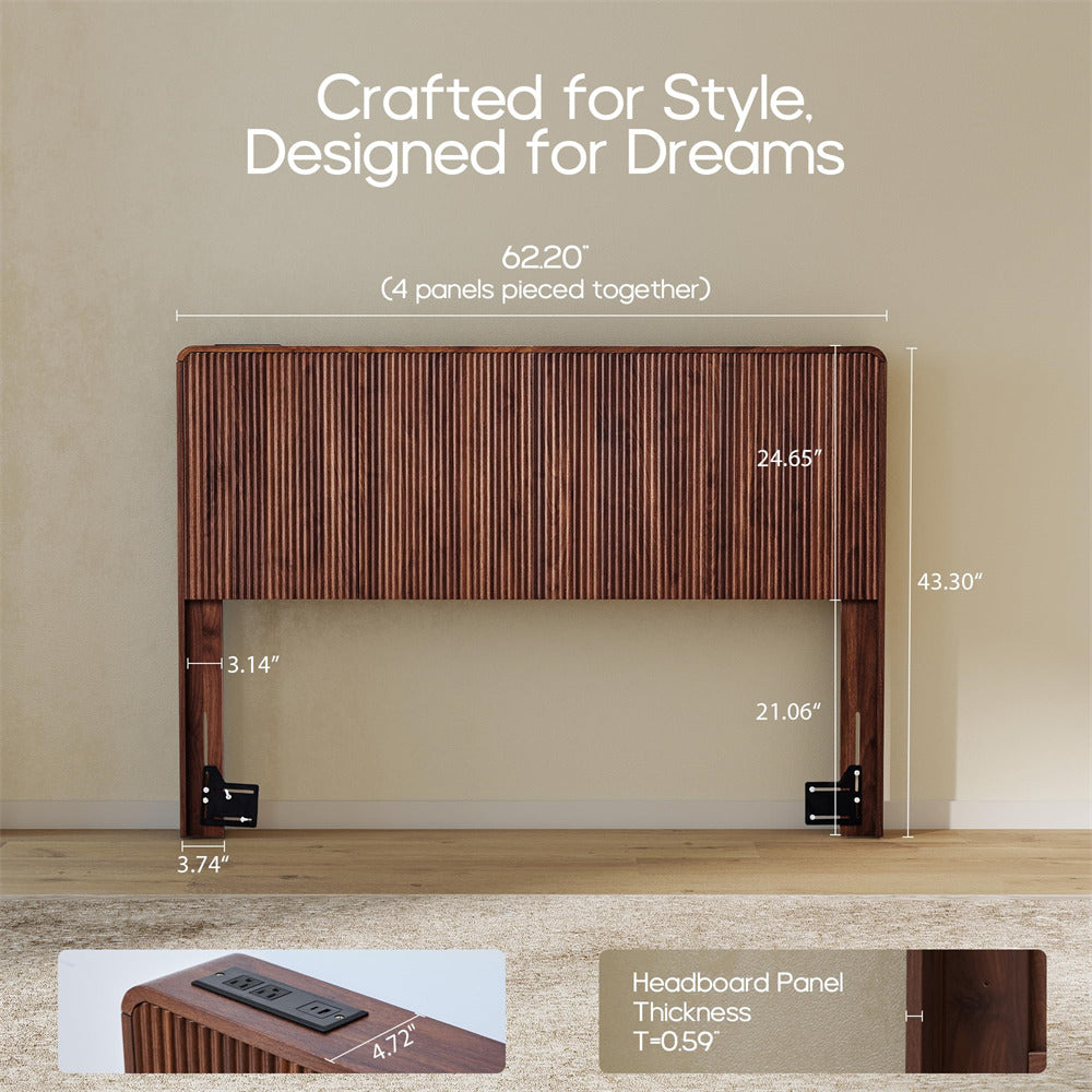 Walnut Modern Boho Wood Fluted Wall Mounted Headboard Queen Size Only with 2 Outlets and USB & Type C Port