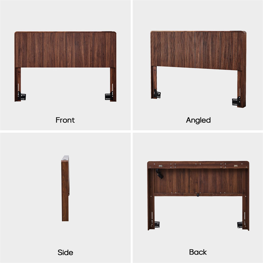 Walnut Modern Boho Wood Fluted Wall Mounted Headboard Queen Size Only with 2 Outlets and USB & Type C Port