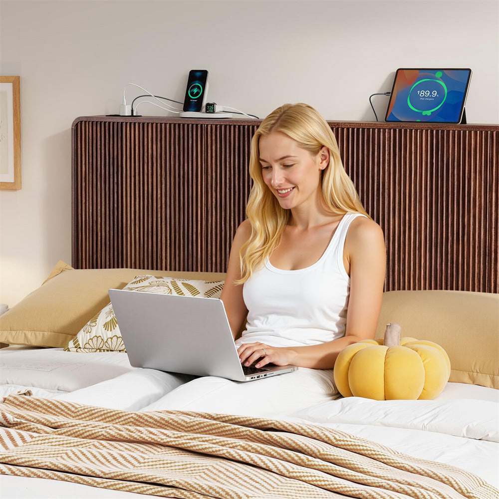Walnut Modern Boho Wood Fluted Wall Mounted Headboard Queen Size Only with 2 Outlets and USB & Type C Port