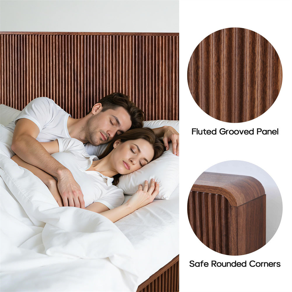 Walnut Modern Boho Wood Fluted Wall Mounted Headboard Queen Size Only with 2 Outlets and USB & Type C Port