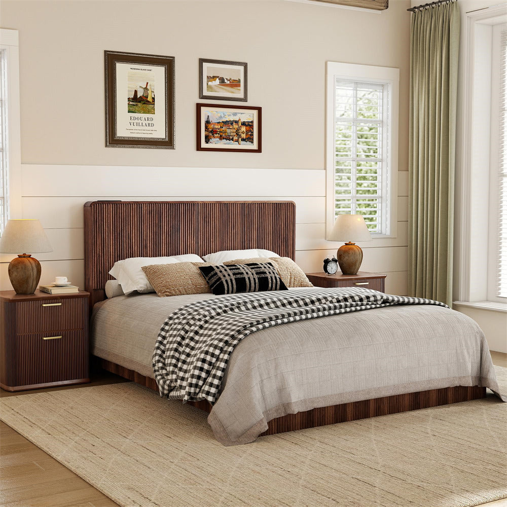 Walnut Modern Boho Wood Fluted Wall Mounted Headboard Queen Size Only with 2 Outlets and USB & Type C Port