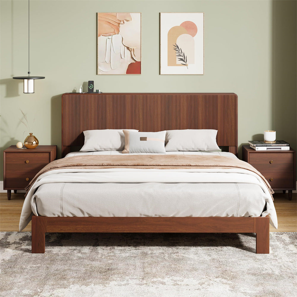 Walnut Modern Boho Wood Fluted Wall Mounted Headboard Queen Size Only with 2 Outlets and USB & Type C Port