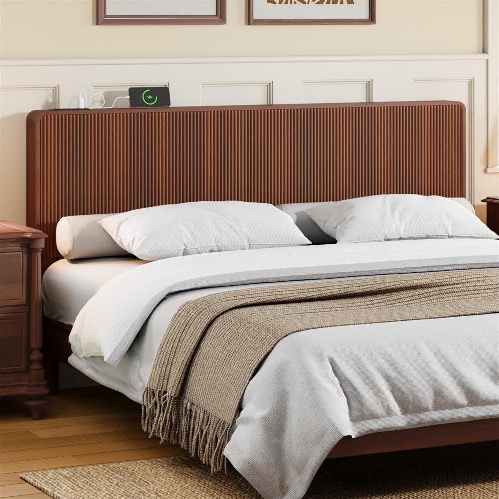 Walnut Modern Boho Wood Fluted Wall Mounted Headboard King Size Only with 2 Outlets and USB & Type C Port