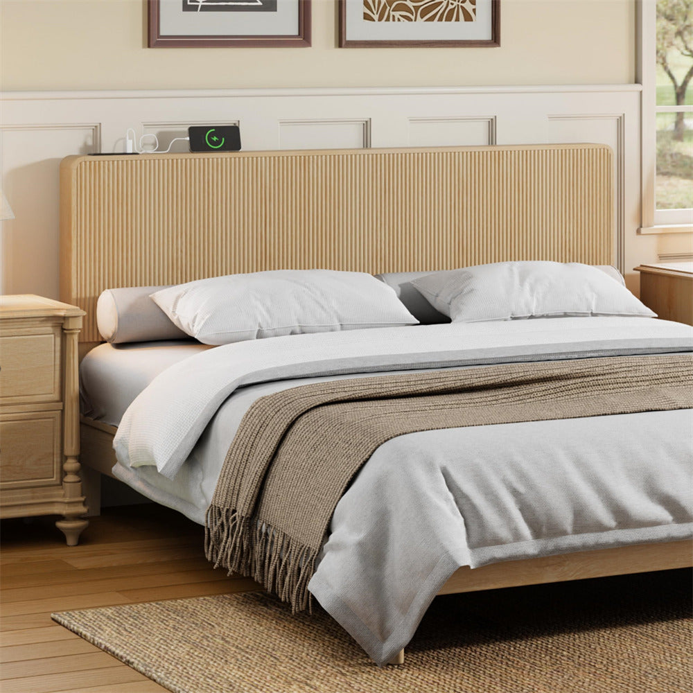Natural Modern Boho Wood Fluted Wall Mounted Headboard King Size Only with 2 Outlets and USB & Type C Port