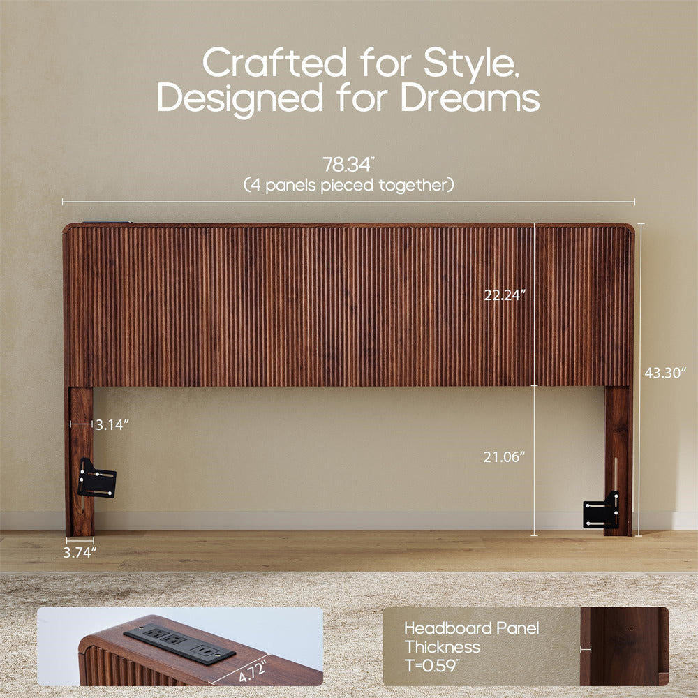 Walnut Modern Boho Wood Fluted Wall Mounted Headboard King Size Only with 2 Outlets and USB & Type C Port