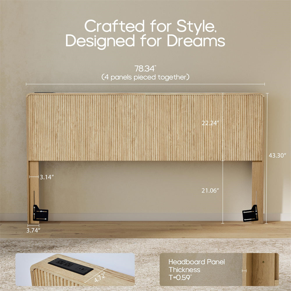 Natural Modern Boho Wood Fluted Wall Mounted Headboard King Size Only with 2 Outlets and USB & Type C Port