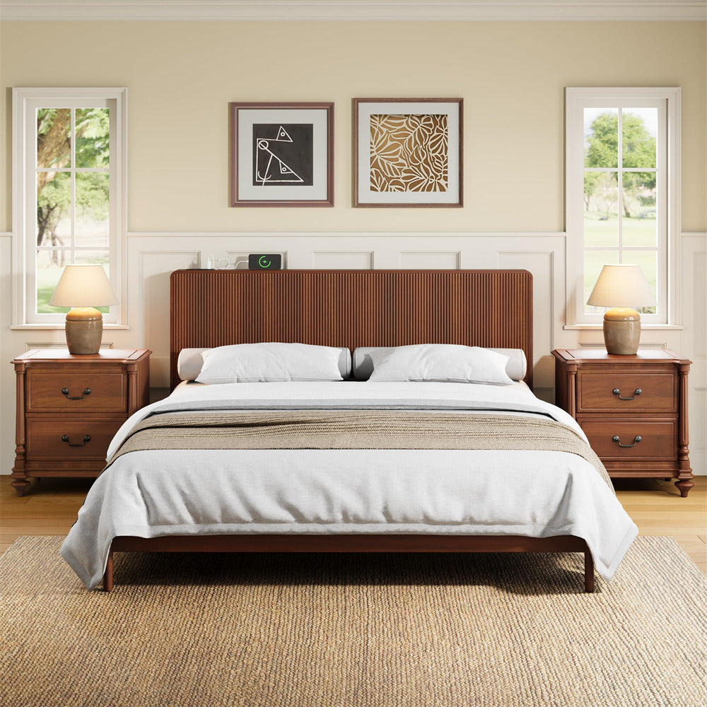 Walnut Modern Boho Wood Fluted Wall Mounted Headboard King Size Only with 2 Outlets and USB & Type C Port
