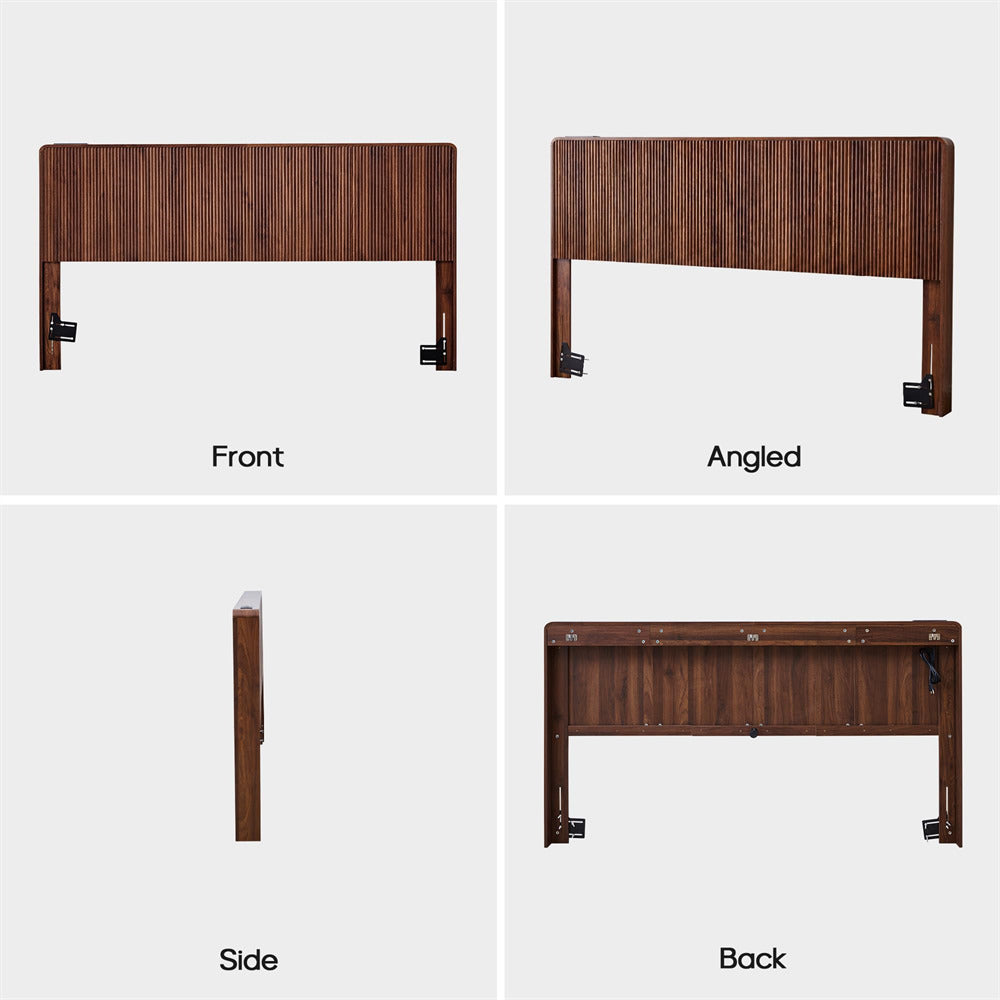 Wooden headboard shown from front, angled, side, and back views on a white background.