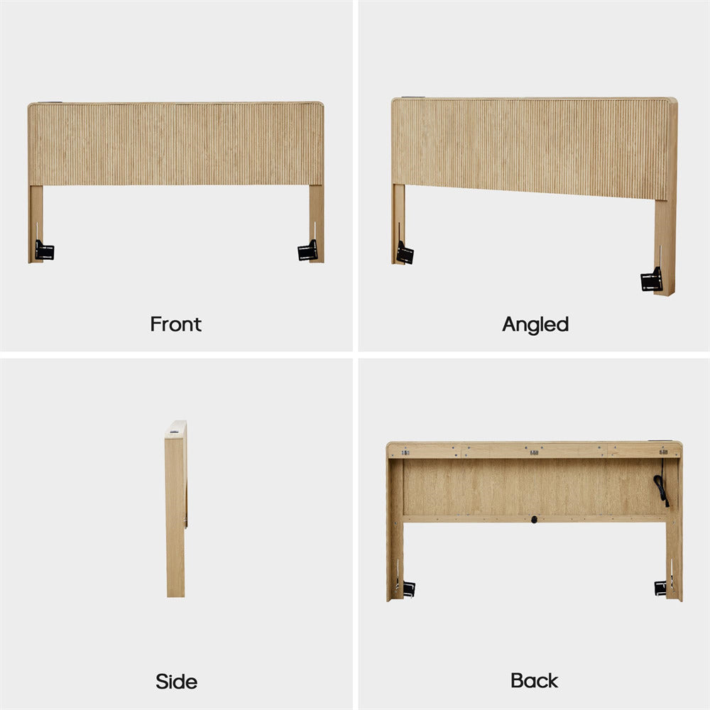 Natural Modern Boho Wood Fluted Wall Mounted Headboard King Size Only with 2 Outlets and USB & Type C Port