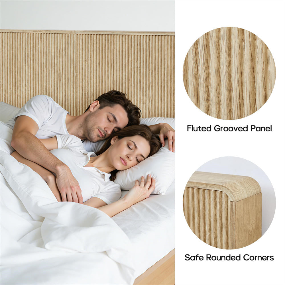 Natural Modern Boho Wood Fluted Wall Mounted Headboard King Size Only with 2 Outlets and USB & Type C Port