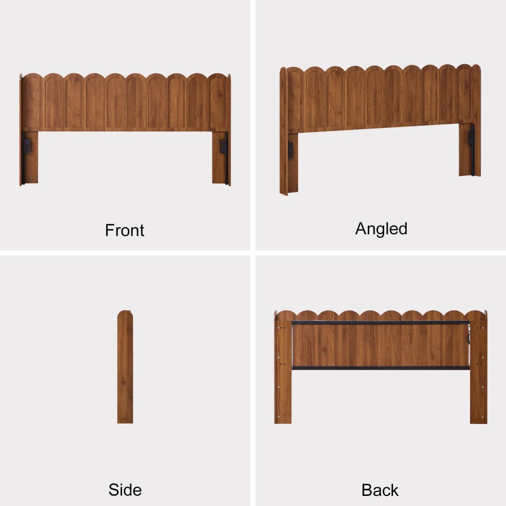 A four-panel product diagram showing a wooden headboard from multiple angles: Front, Angled, Side, and Back. The headboard is medium brown wood with a scalloped top edge and dark metal brackets at the sides, set against a light gray background.