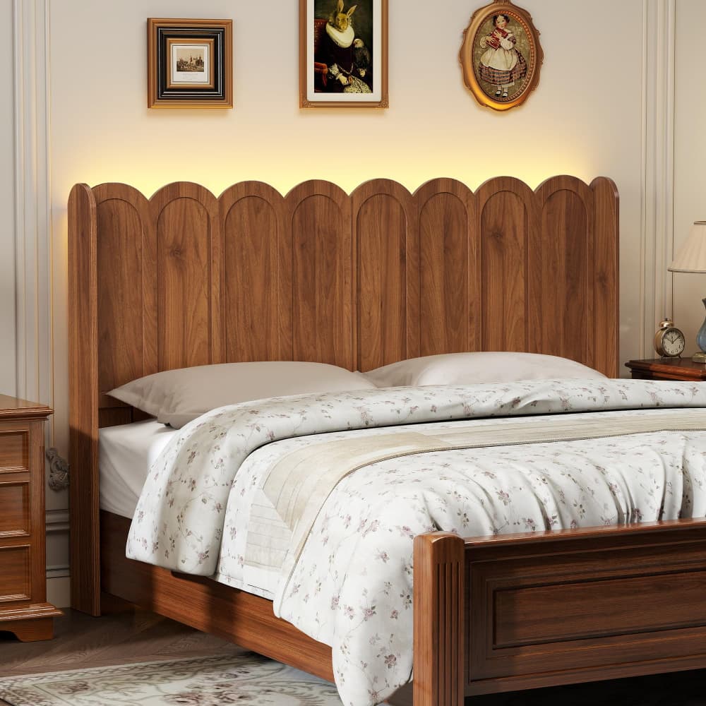 Walnut Modern Boho Wood Scalloped Bed Headboard King Size Only with Adjustable LED