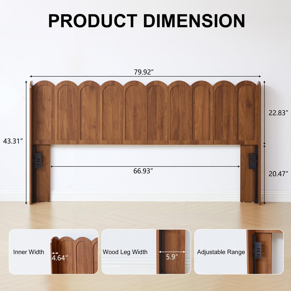 Product dimension diagram of a wooden headboard with labeled measurements including height, width, and leg width, plus three inset detail views at the bottom on a white wall and light wood floor background.
