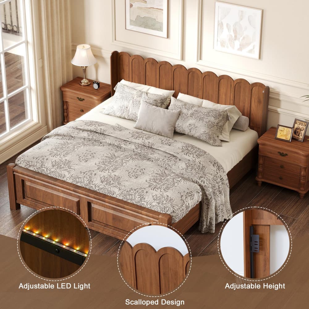 Walnut Modern Boho Wood Scalloped Bed Headboard King Size Only with Adjustable LED
