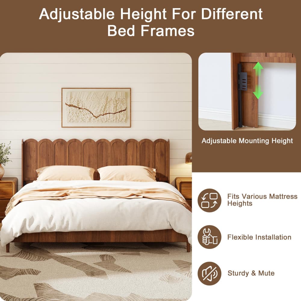 Walnut Modern Boho Wood Scalloped Bed Headboard King Size Only with Adjustable LED