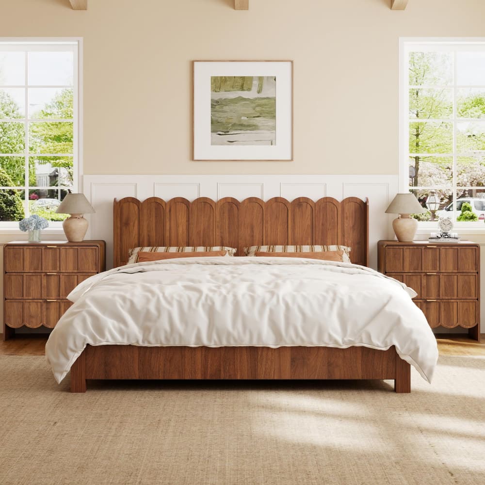 Walnut Modern Boho Wood Scalloped Bed Headboard King Size Only with Adjustable LED