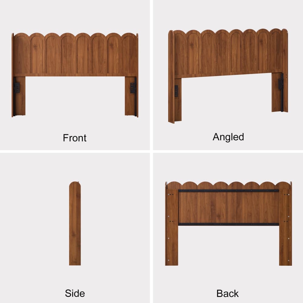 A four-panel product diagram showing a wooden headboard from multiple angles: Front, Angled, Side, and Back. The headboard has a warm medium-brown wood finish with small black metal brackets and a decorative scalloped top edge.