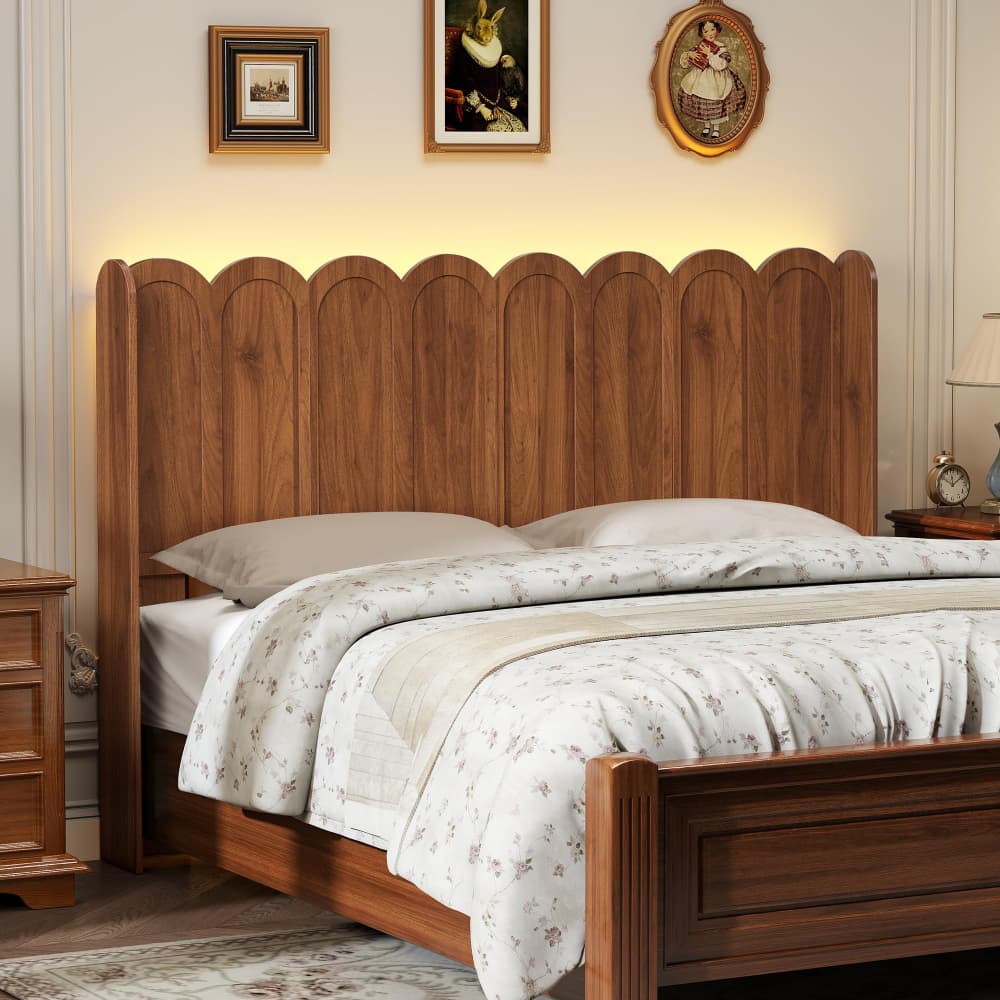Walnut Modern Boho Wood Scalloped Bed Headboard Queen Size Only with Adjustable LED