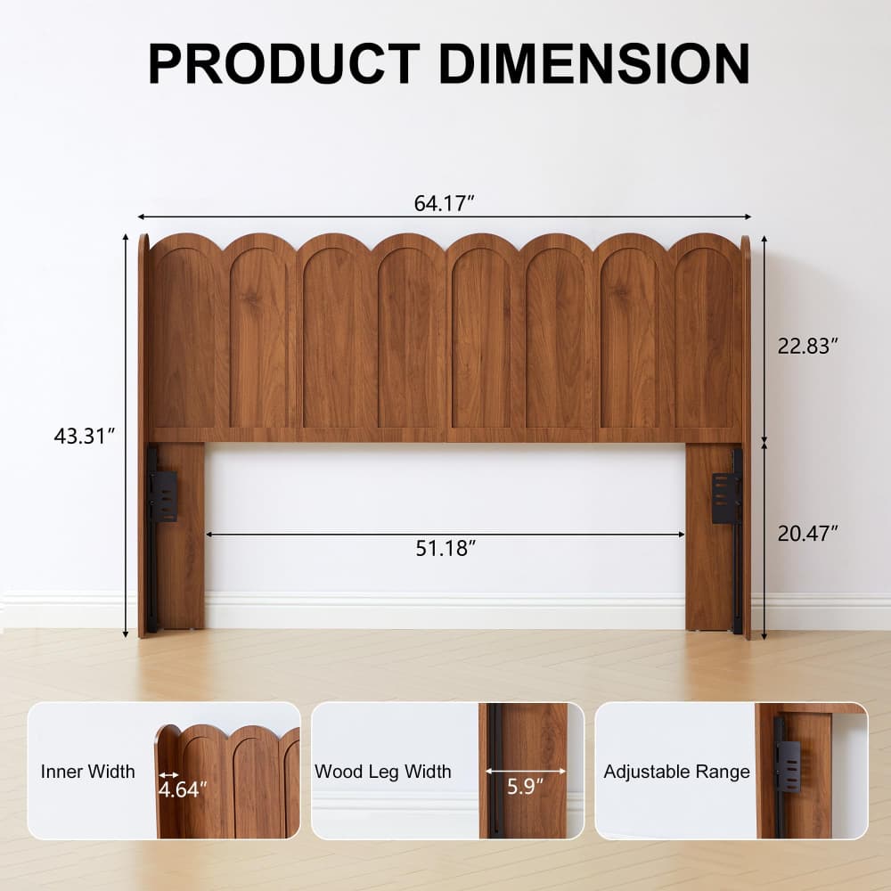 Product dimension diagram of a wooden headboard with measurements in inches, including total height, width, inner width, wood leg width, and adjustable range, shown against a white wall with three detail inset images at the bottom.